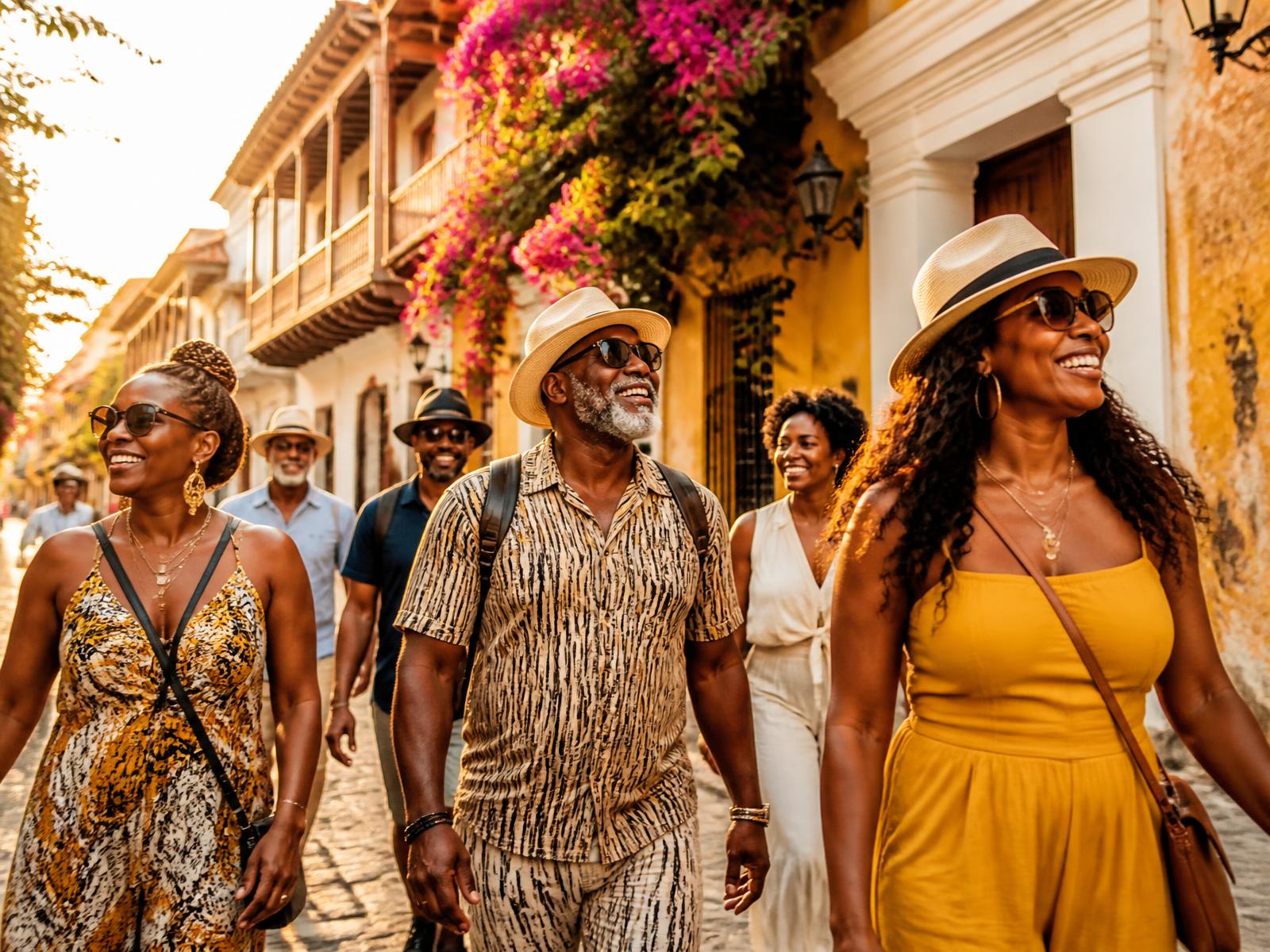 Black American travelers walking a sunlit cobblestone street in Cartagena's walled old city