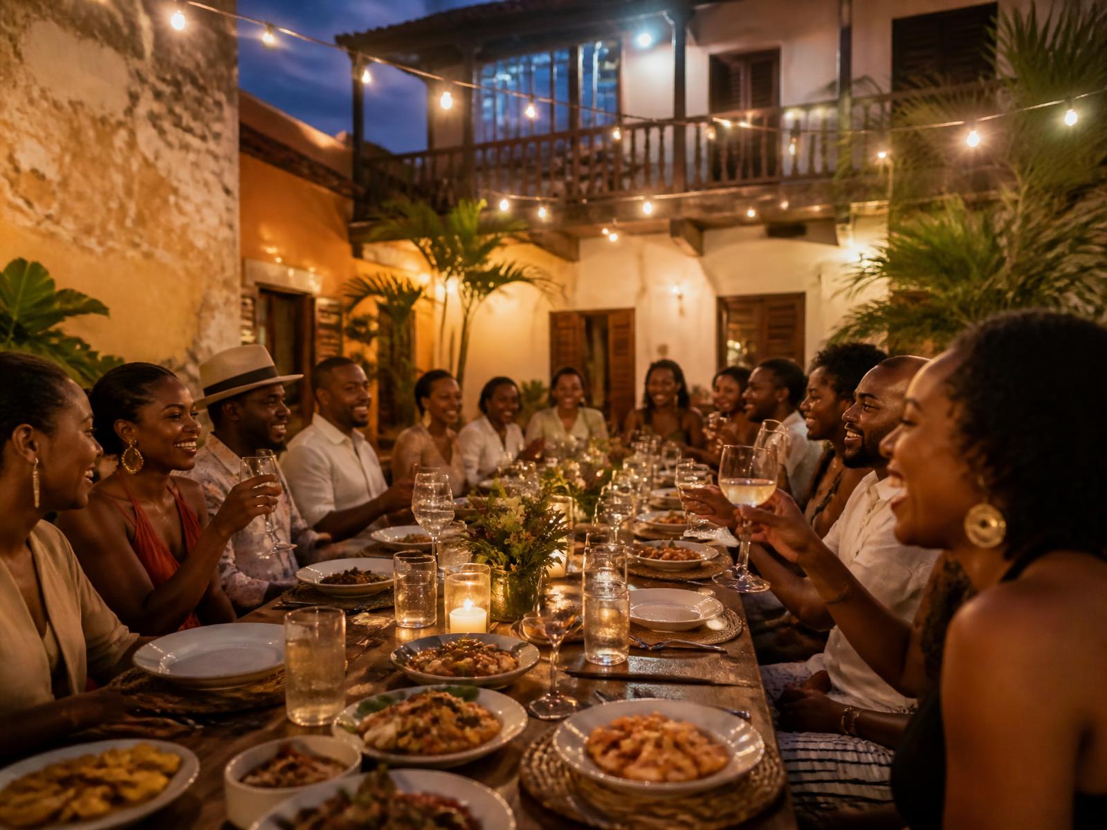 Travelers sharing a long dinner table outdoors under warm lights
