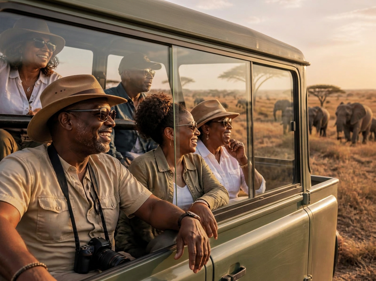 Black American travelers watching elephants from a safari vehicle at golden hour in Tanzania